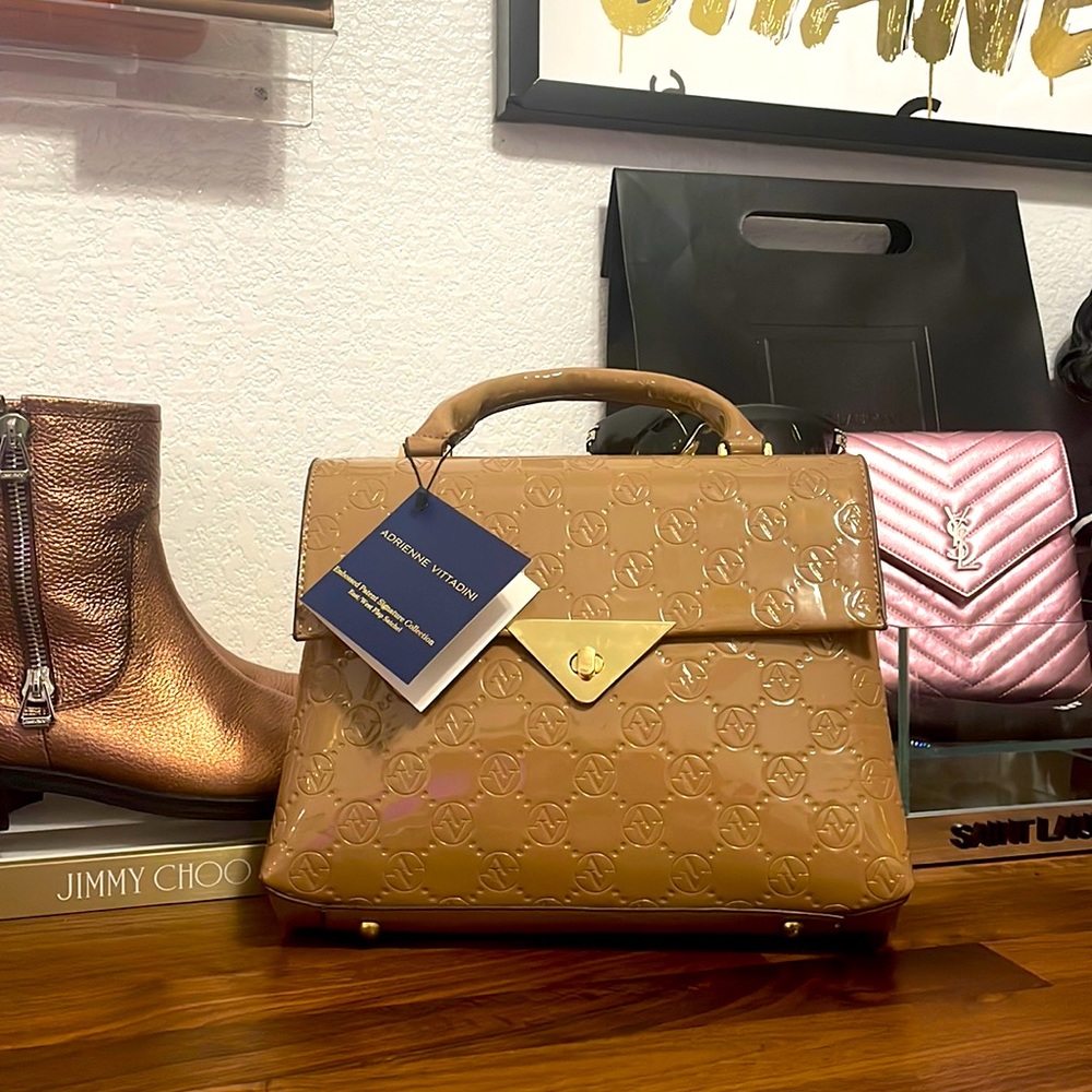 NWT Adrienne Vittadini Dark Taupe Patent Leather Bag Minimalist Preppy